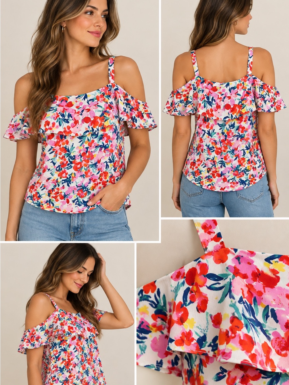 Simply Styled Pink Multi Floral Cold-Shoulder Ruffle Cami